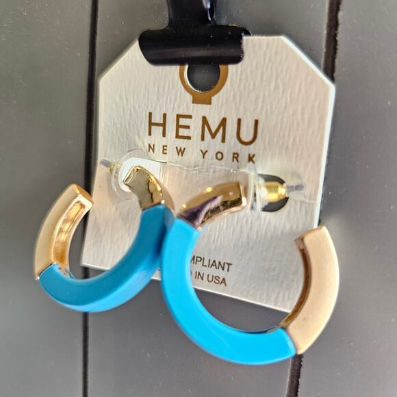 Hoop Earrings Blue, Gold Tone Chunky Acrylic 1.19" HEMU New York w/ Gift Bag - Picture 3 of 8